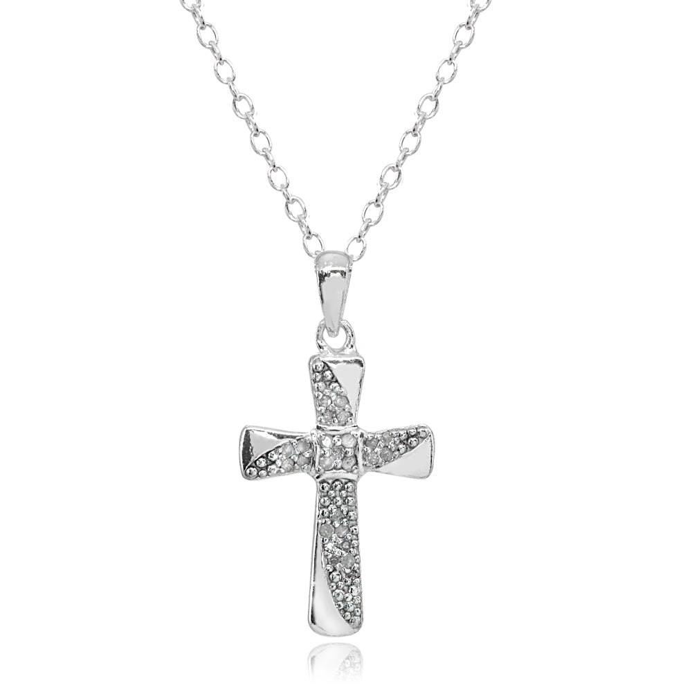Sterling Silver Polished Flared Cross Diamond Accent Pendant Necklace, JK-I3