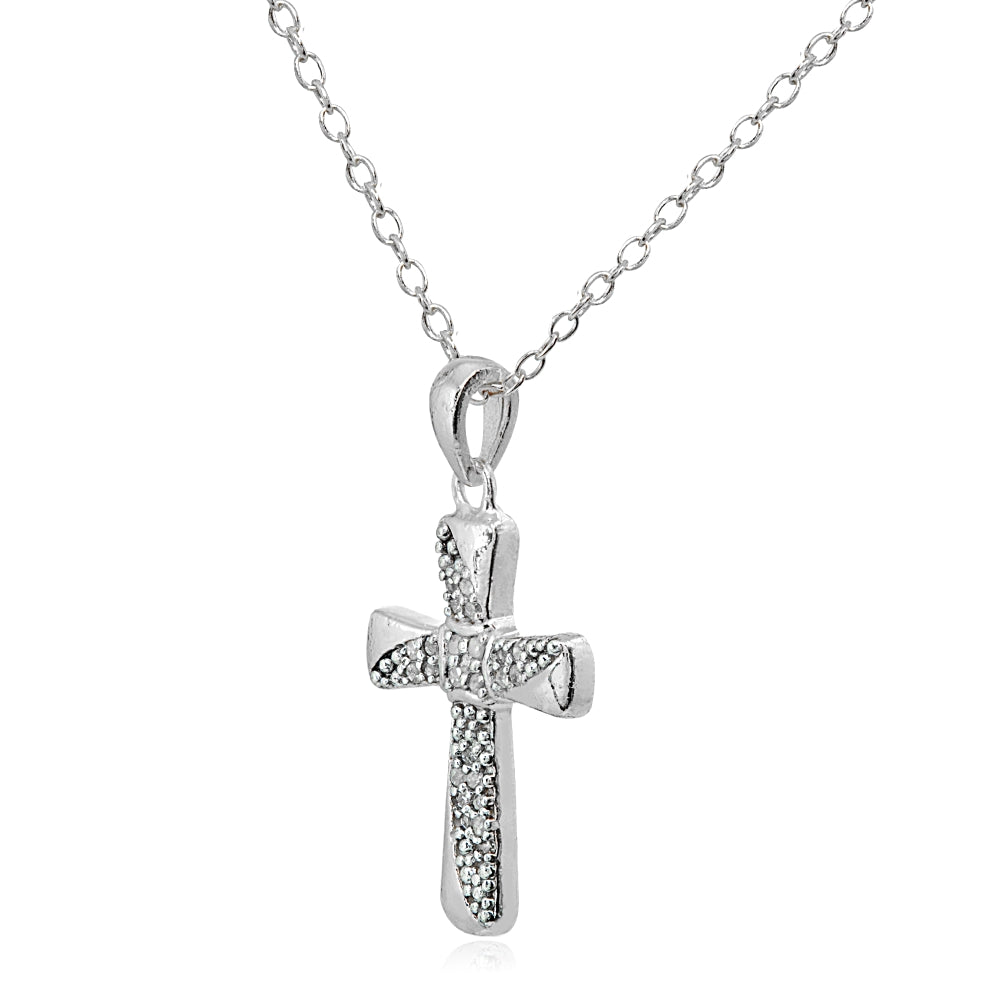 Sterling Silver Polished Flared Cross Diamond Accent Pendant Necklace, JK-I3-2