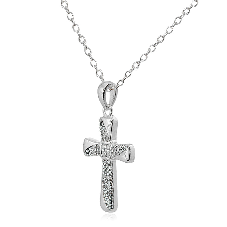Sterling Silver Polished Flared Cross Diamond Accent Pendant Necklace, JK-I3
