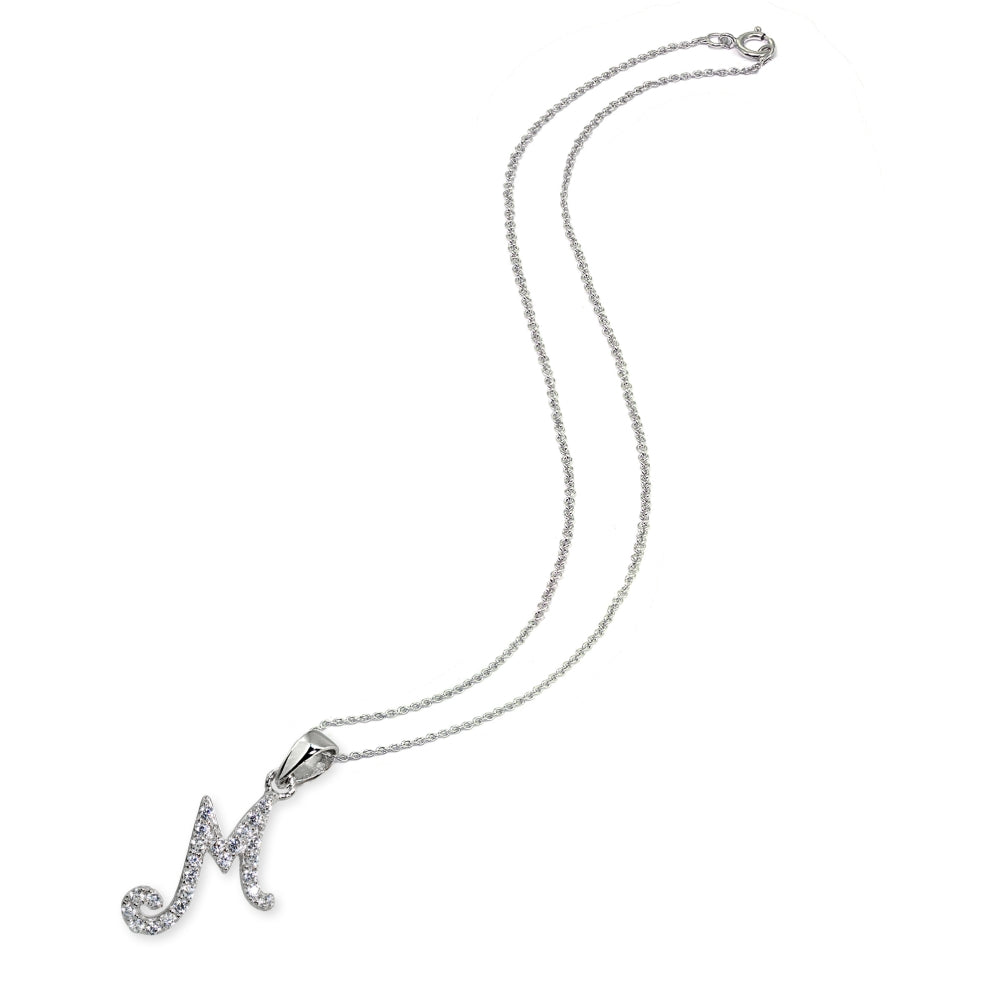 Sterling Silver Cubic Zirconia M Letter Initial Alphabet Name Personalized  Pendant Necklace-2