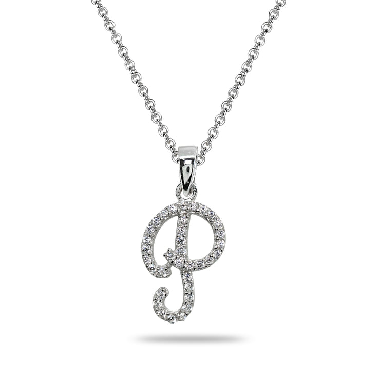 Sterling Silver Cubic Zirconia P Letter Initial Alphabet Name Personalized  Pendant Necklace