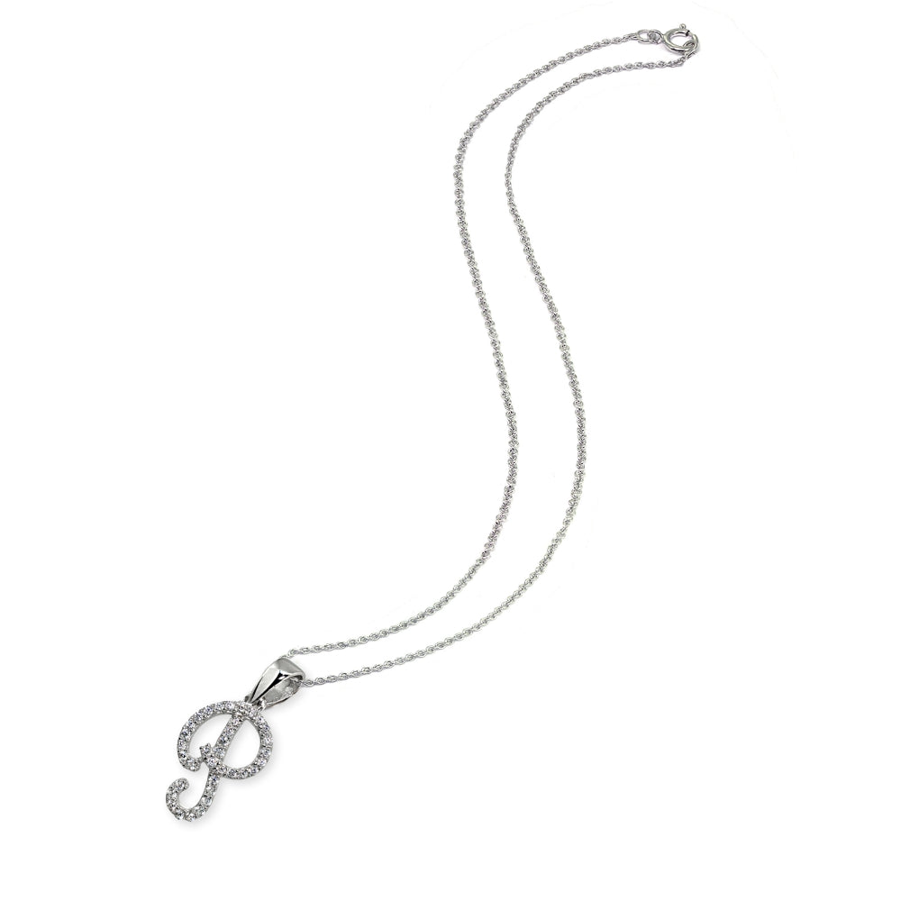 Sterling Silver Cubic Zirconia P Letter Initial Alphabet Name Personalized  Pendant Necklace-2