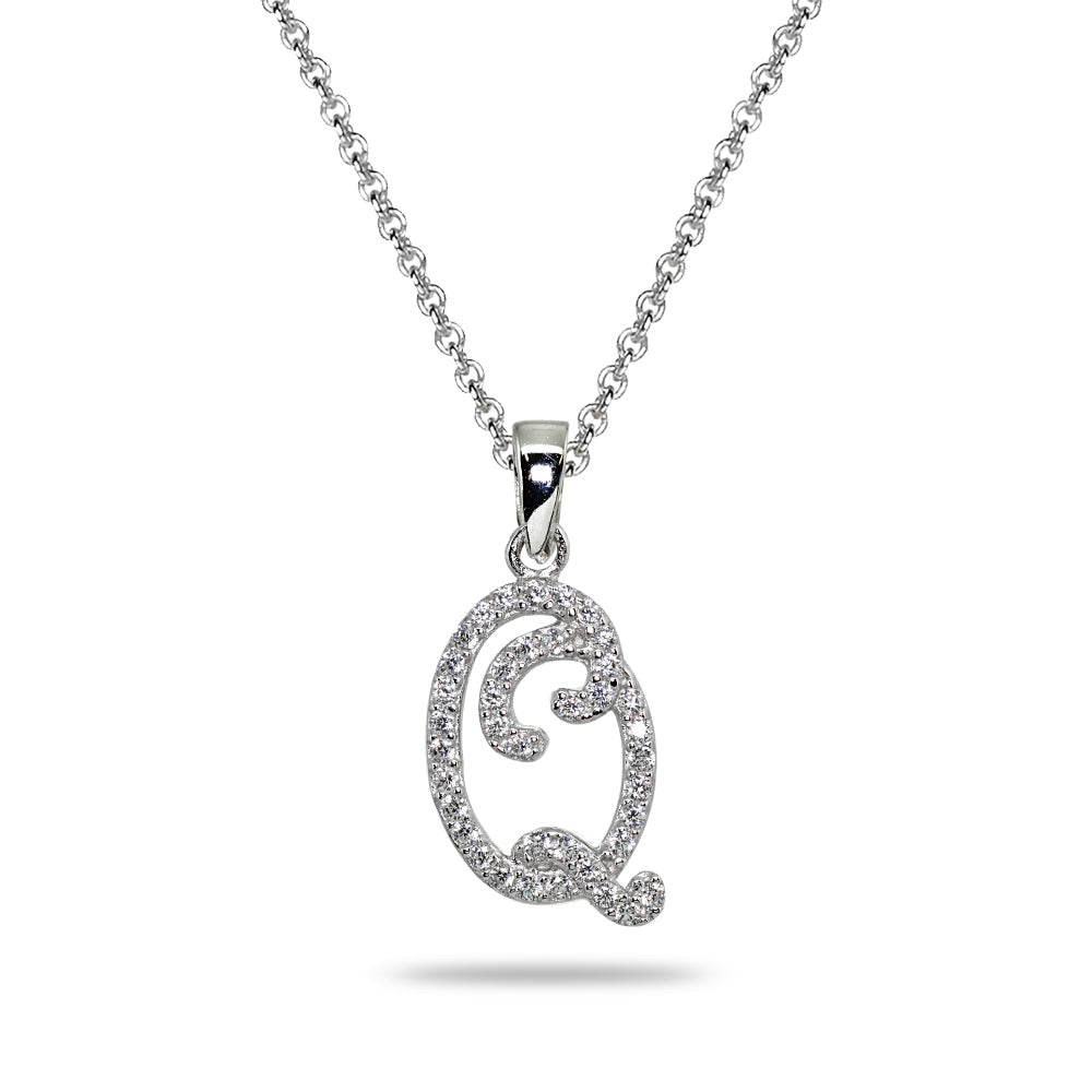 Sterling Silver Cubic Zirconia Q Letter Initial Alphabet Name Personalized  Pendant Necklace