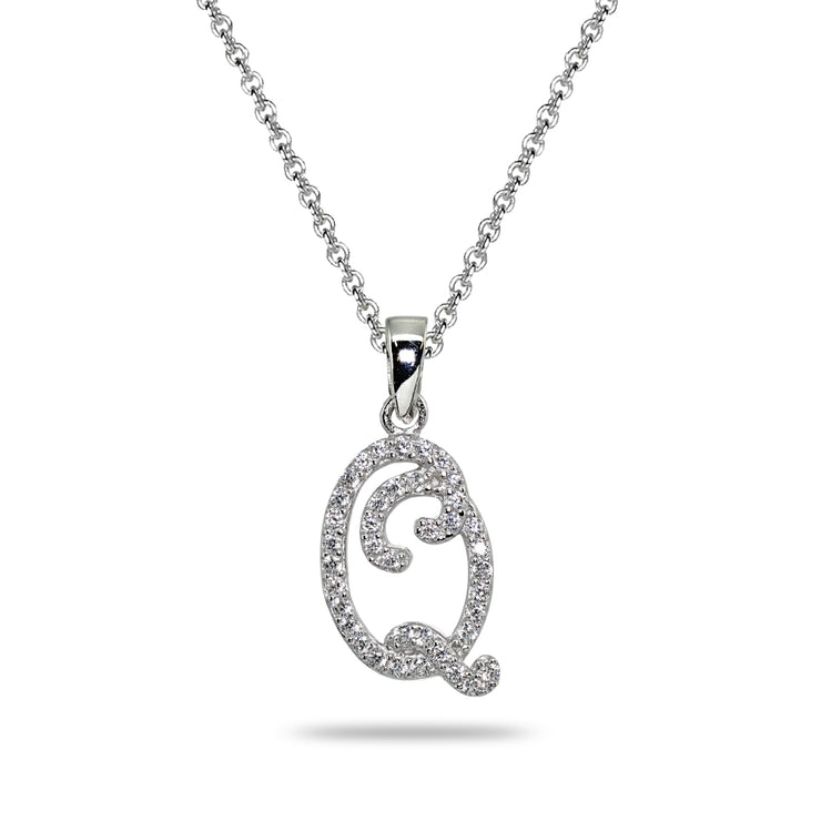 Sterling Silver Cubic Zirconia Q Letter Initial Alphabet Name Personalized  Pendant Necklace