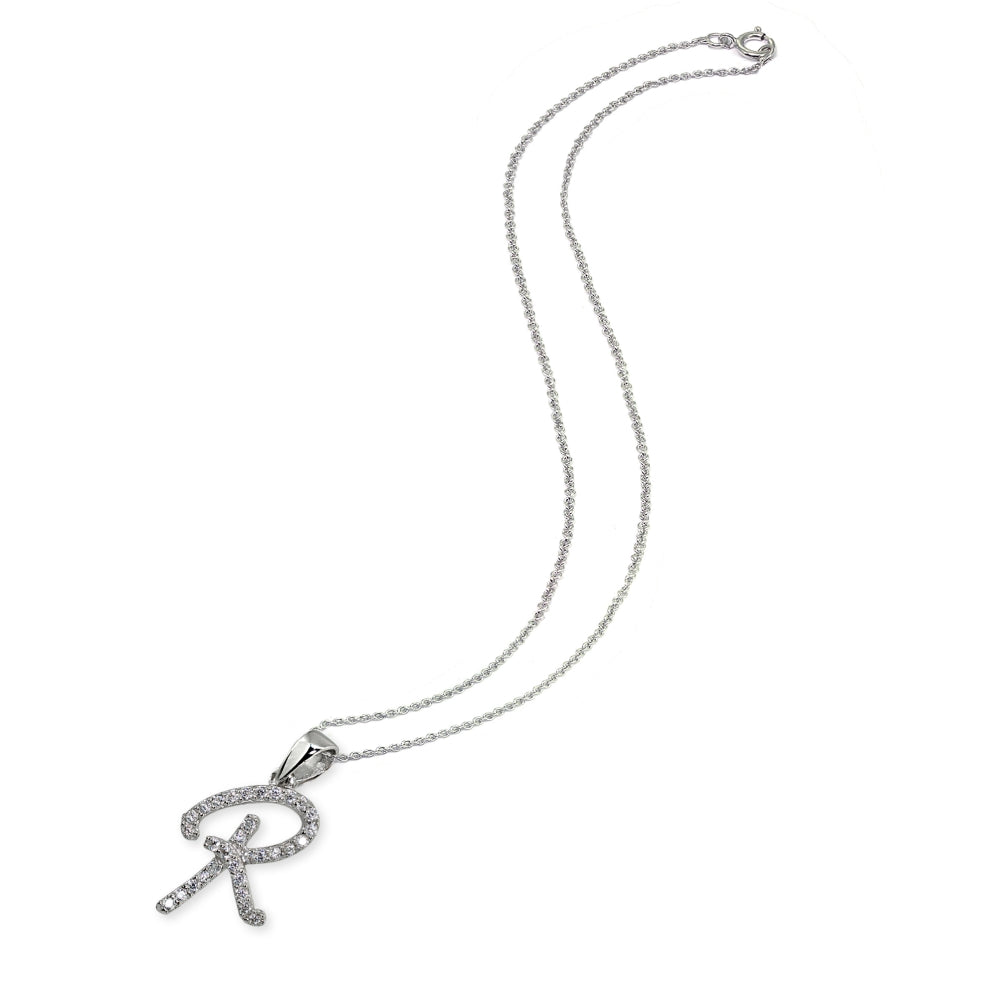 Sterling Silver Cubic Zirconia R Letter Initial Alphabet Name Personalized  Pendant Necklace-2