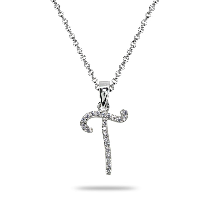 Sterling Silver Cubic Zirconia T Letter Initial Alphabet Name Personalized  Pendant Necklace