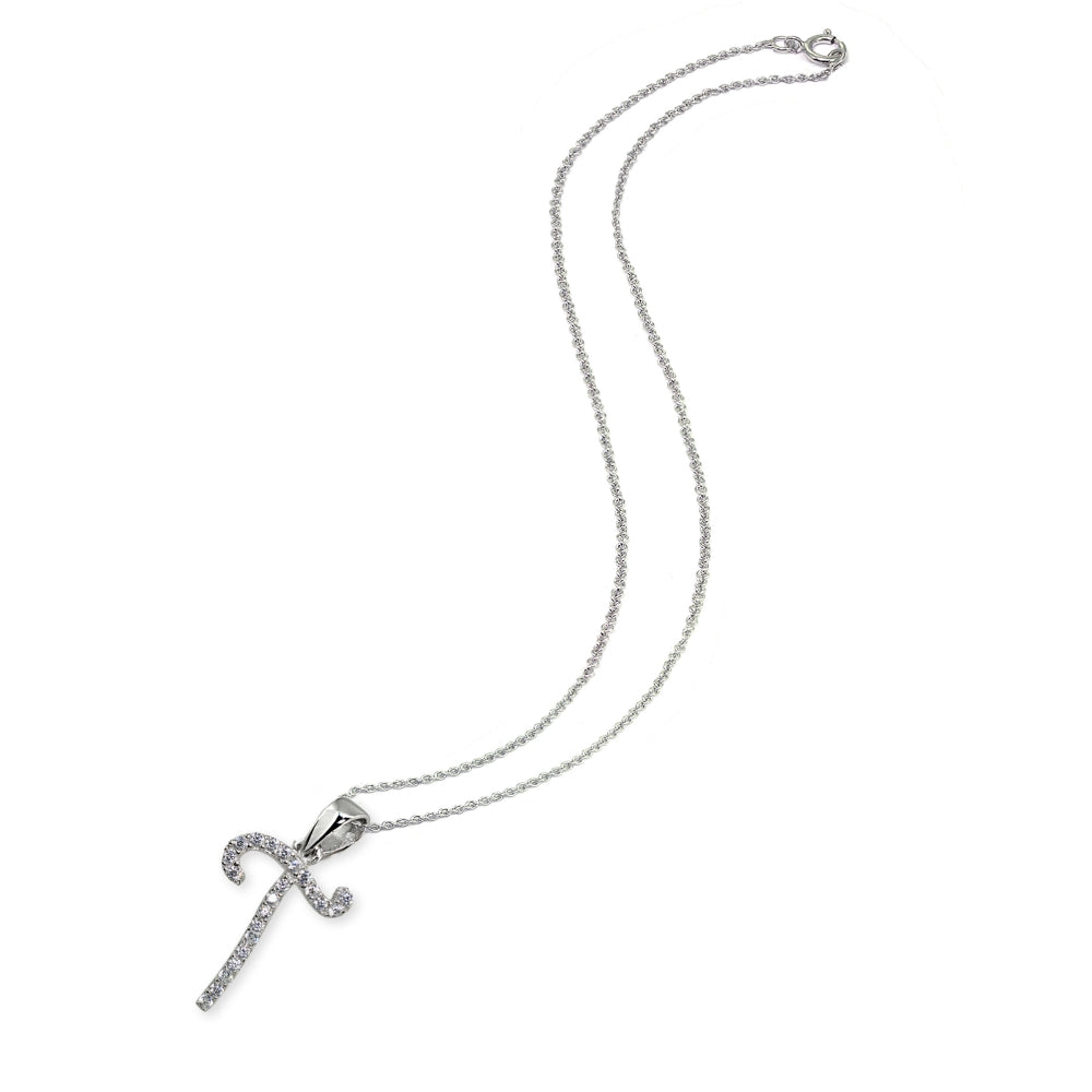Sterling Silver Cubic Zirconia T Letter Initial Alphabet Name Personalized  Pendant Necklace-2