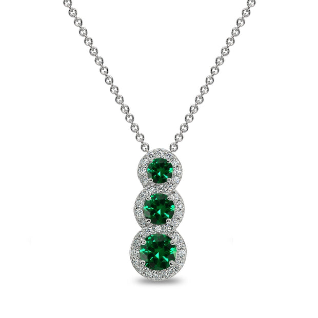 Sterling Silver Simulated Emerald Journey Halo Vertical Three-Stone Slide Necklace