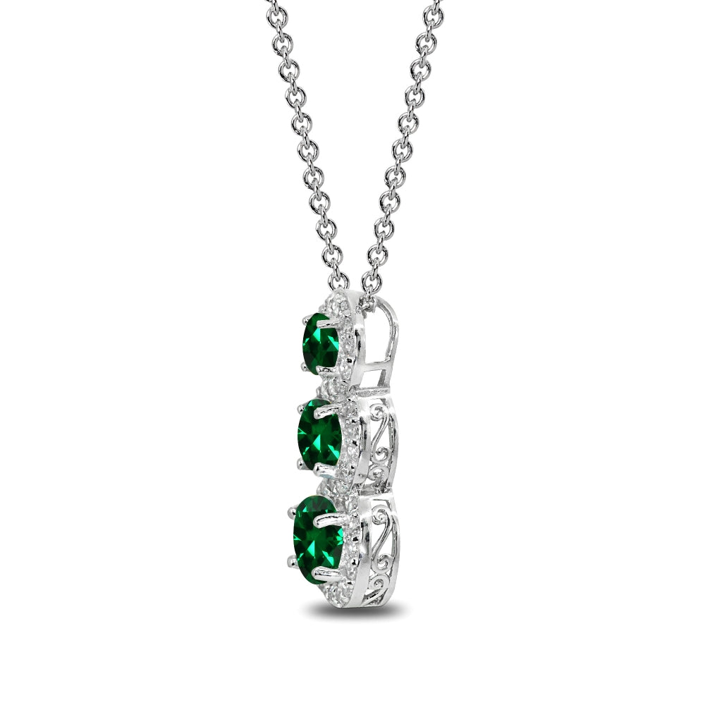 Sterling Silver Simulated Emerald Journey Halo Vertical Three-Stone Slide Necklace-2