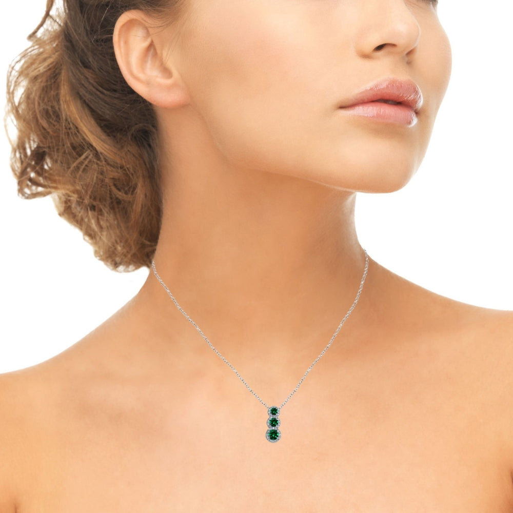 Sterling Silver Simulated Emerald Journey Halo Vertical Three-Stone Slide Necklace-3