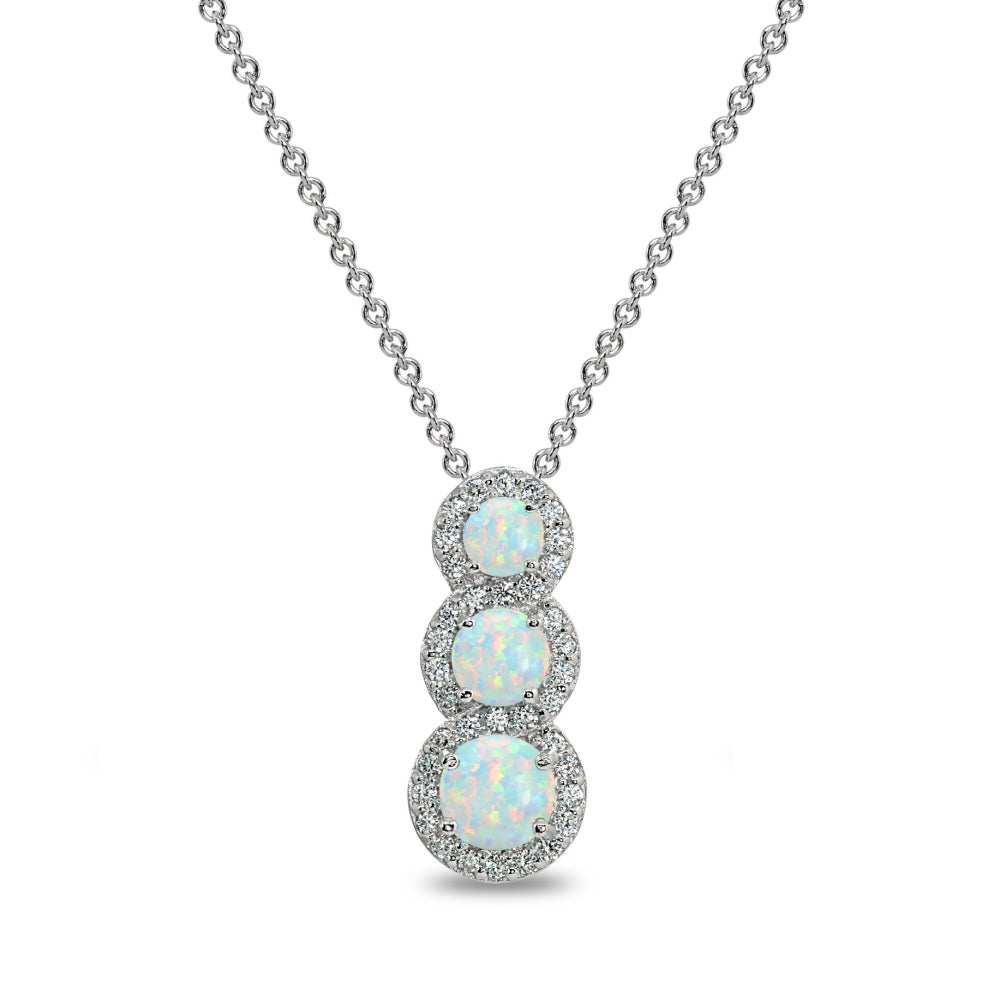 Sterling Silver Created White Opal Journey Halo Vertical Three-Stone Slide Necklace