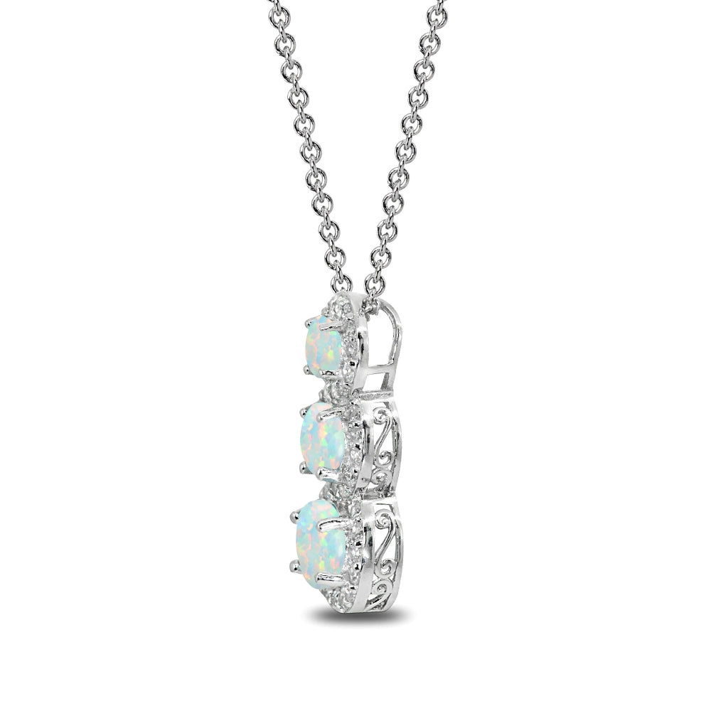 Sterling Silver Created White Opal Journey Halo Vertical Three-Stone Slide Necklace-2