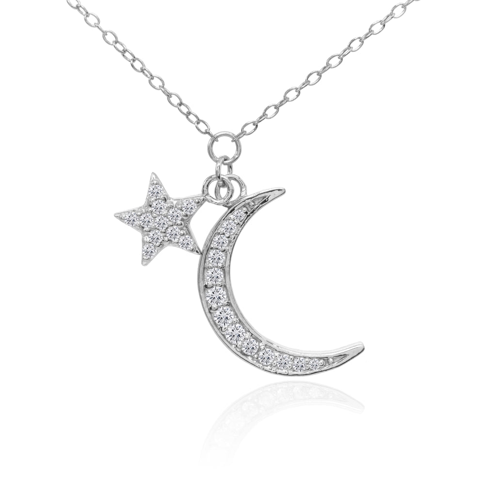 Sterling Silver Cubic Zirconia Polished Moon and Star Dainty Minimalist Necklace