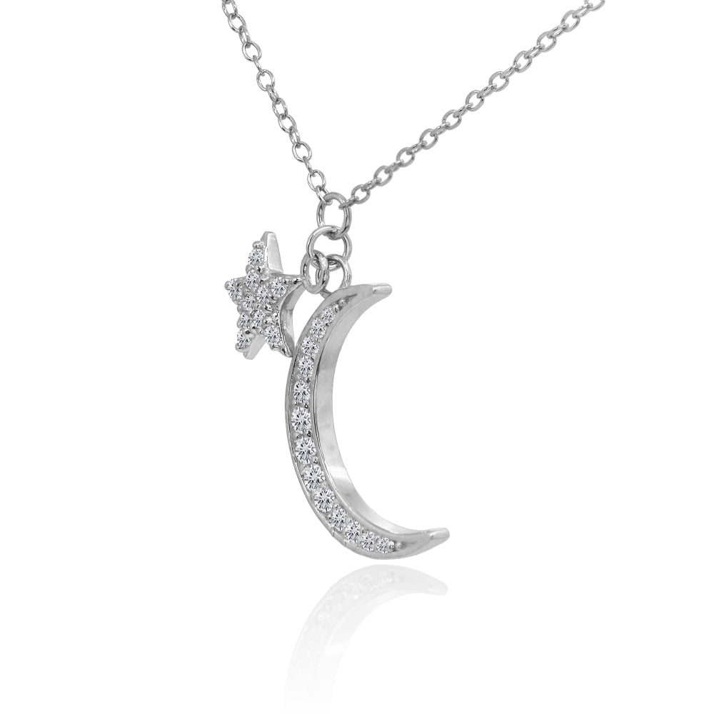 Sterling Silver Cubic Zirconia Polished Moon and Star Dainty Minimalist Necklace-2