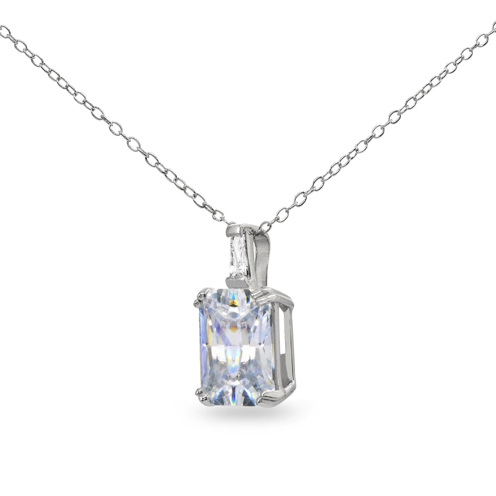 Sterling Silver Octagon Solitaire Cubic Zirconia Statement Pendant Necklace-2