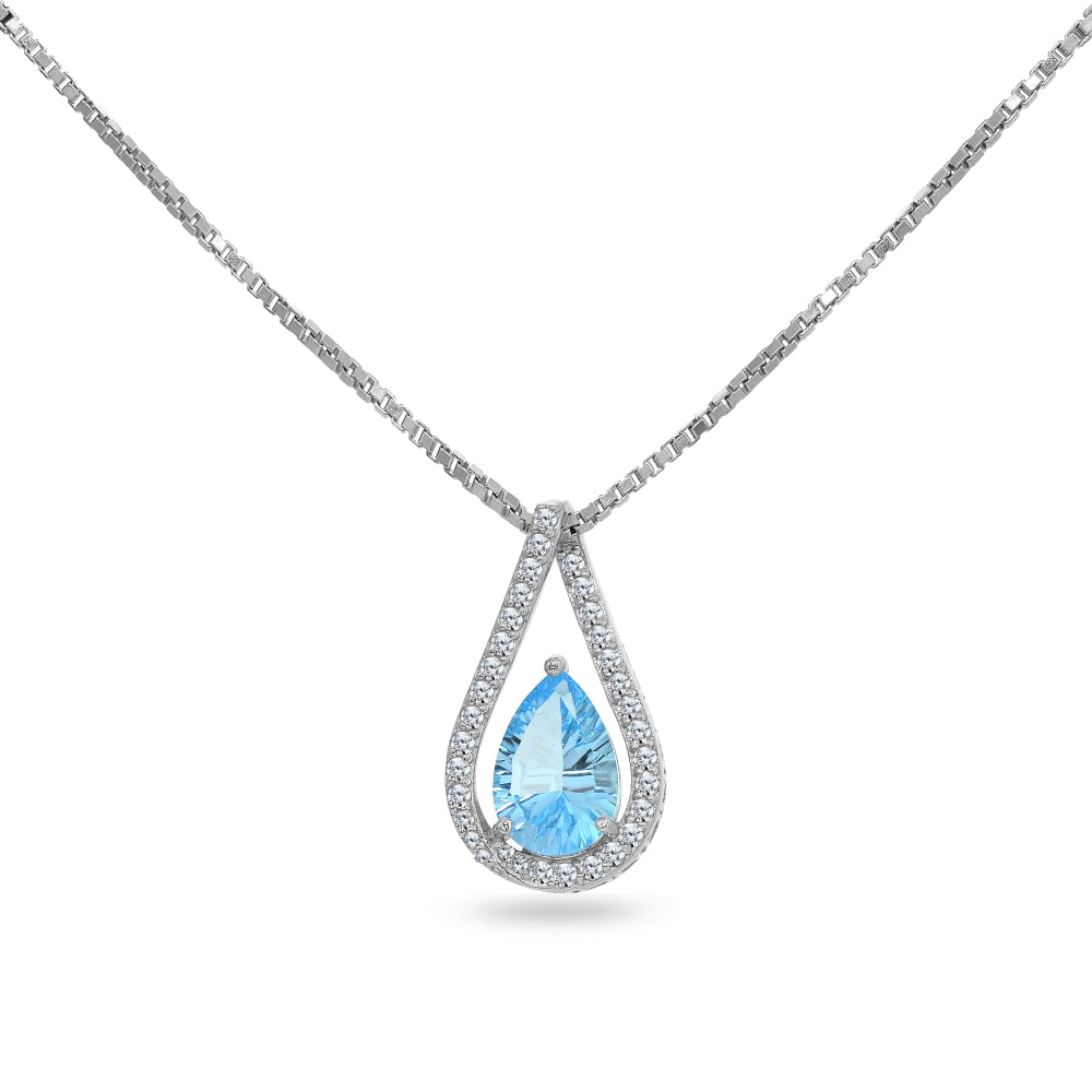 Sterling Silver Teardrop Millennial Cut Solitaire Blue Topaz Pendant Necklace