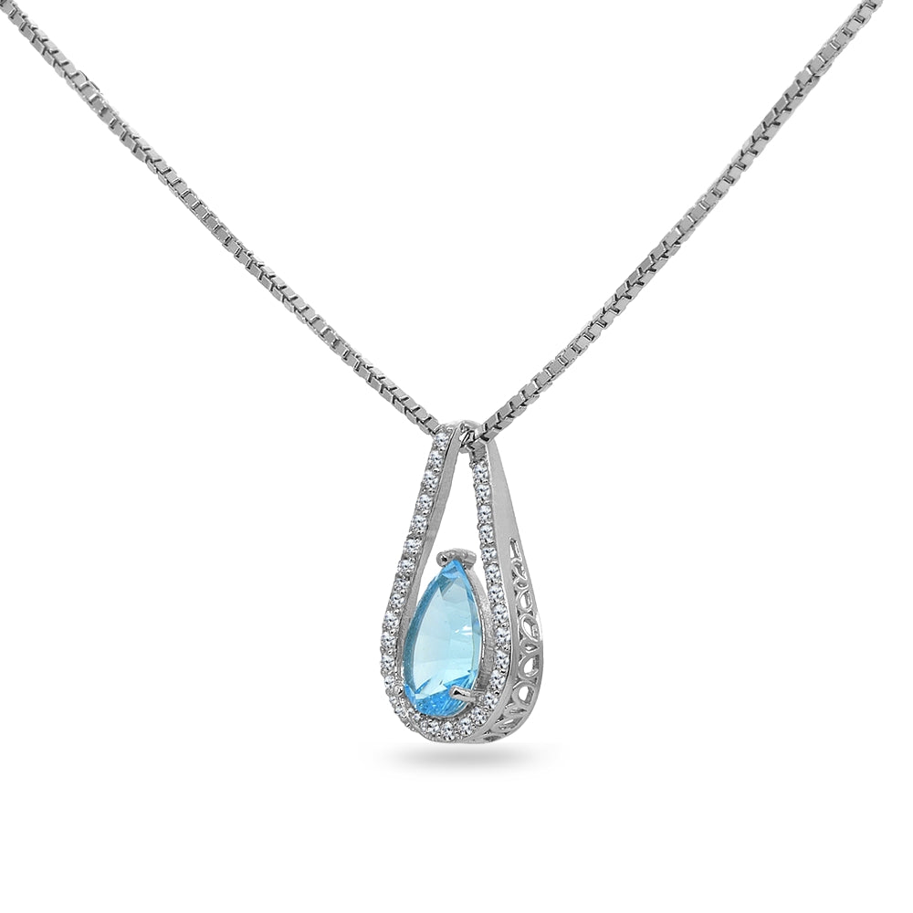 Sterling Silver Teardrop Millennial Cut Solitaire Blue Topaz Pendant Necklace-2