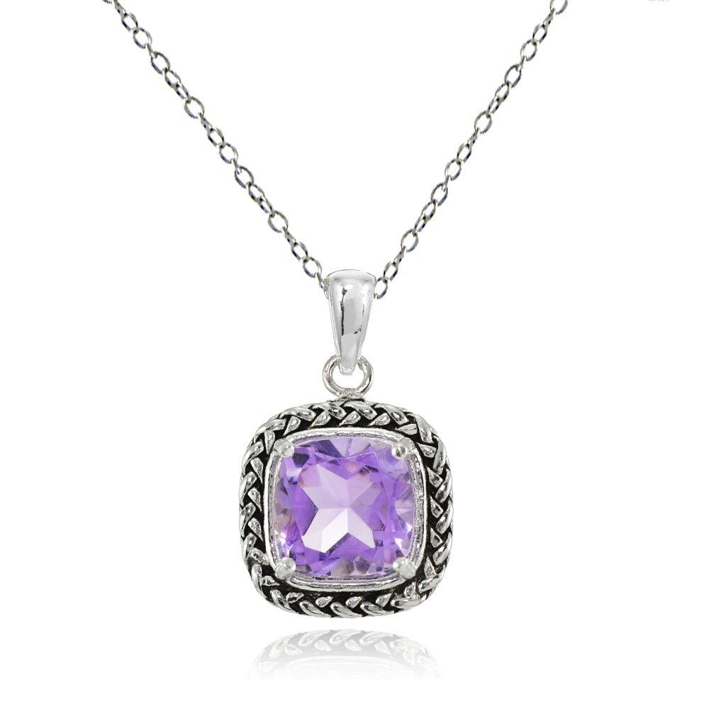 Sterling Silver Amethyst Cushion-Cut 8mm Oxidized Braid Pendant Necklace