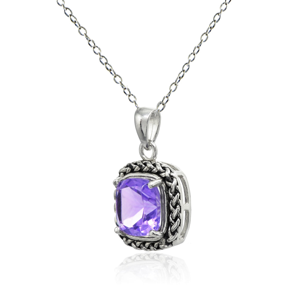 Sterling Silver Amethyst Cushion-Cut 8mm Oxidized Braid Pendant Necklace-2