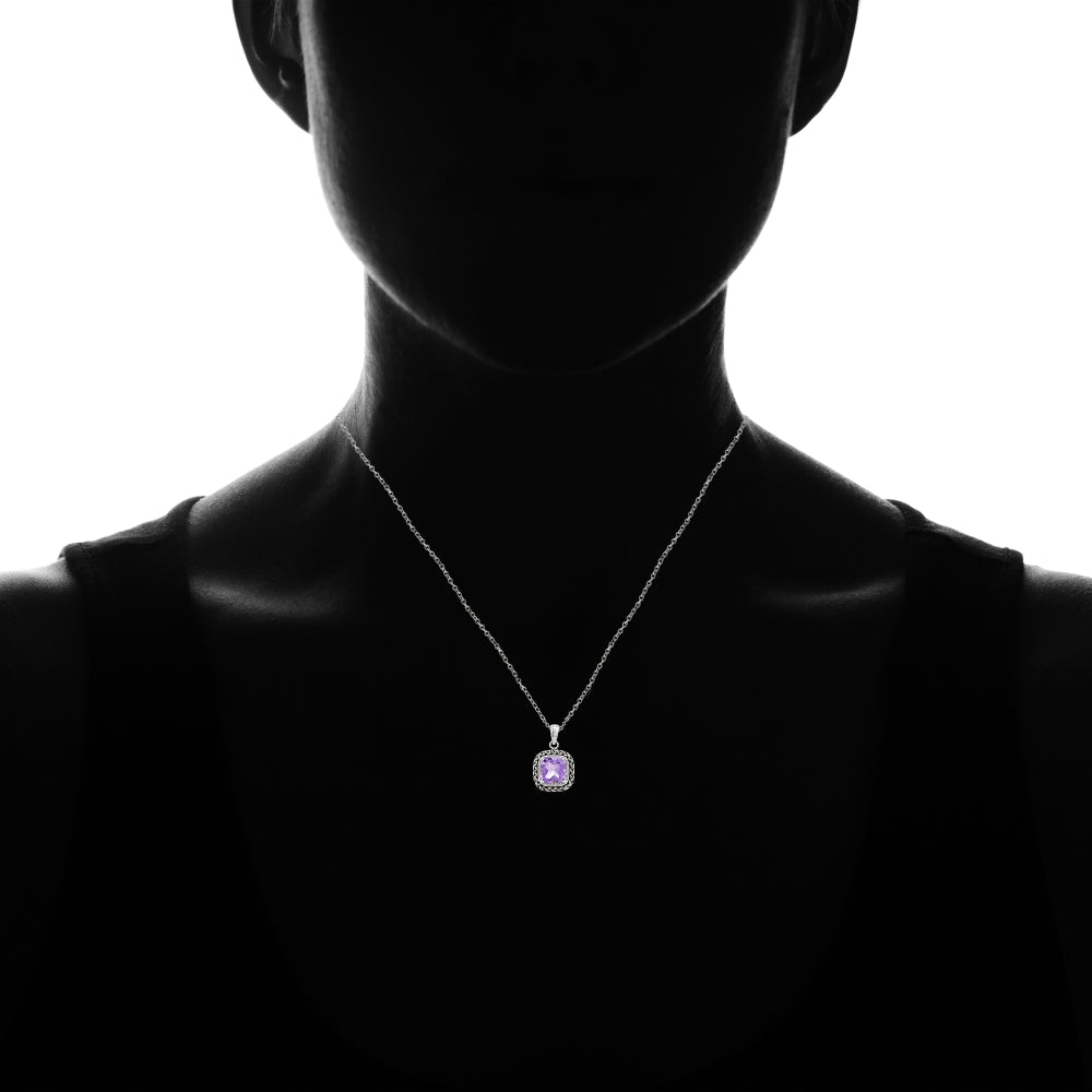 Sterling Silver Amethyst Cushion-Cut 8mm Oxidized Braid Pendant Necklace-3