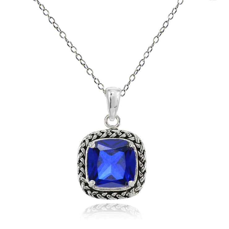 Sterling Silver Created Blue Sapphire Cushion-Cut 8mm Oxidized Braid Pendant Necklace