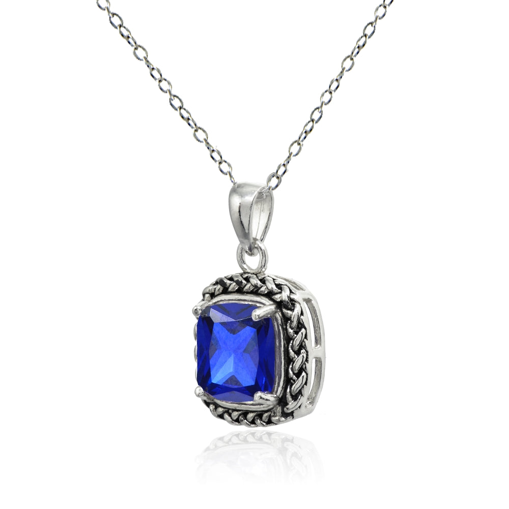 Sterling Silver Created Blue Sapphire Cushion-Cut 8mm Oxidized Braid Pendant Necklace-2