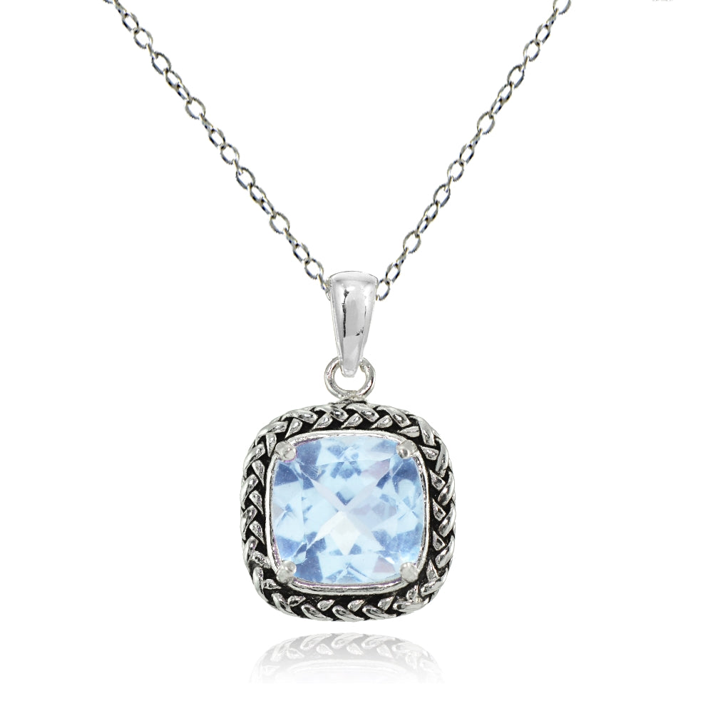 Sterling Silver Blue Topaz Cushion-Cut 8mm Oxidized Braid Pendant Necklace