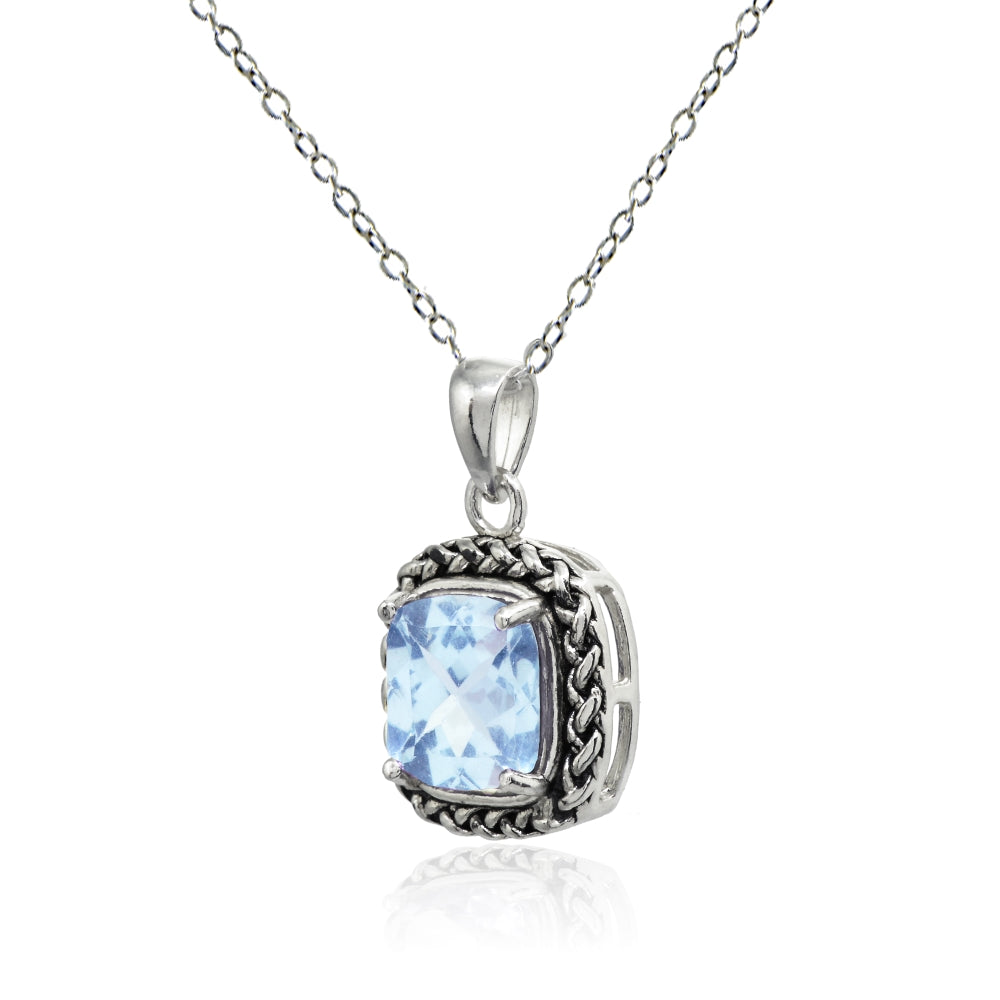 Sterling Silver Blue Topaz Cushion-Cut 8mm Oxidized Braid Pendant Necklace-2