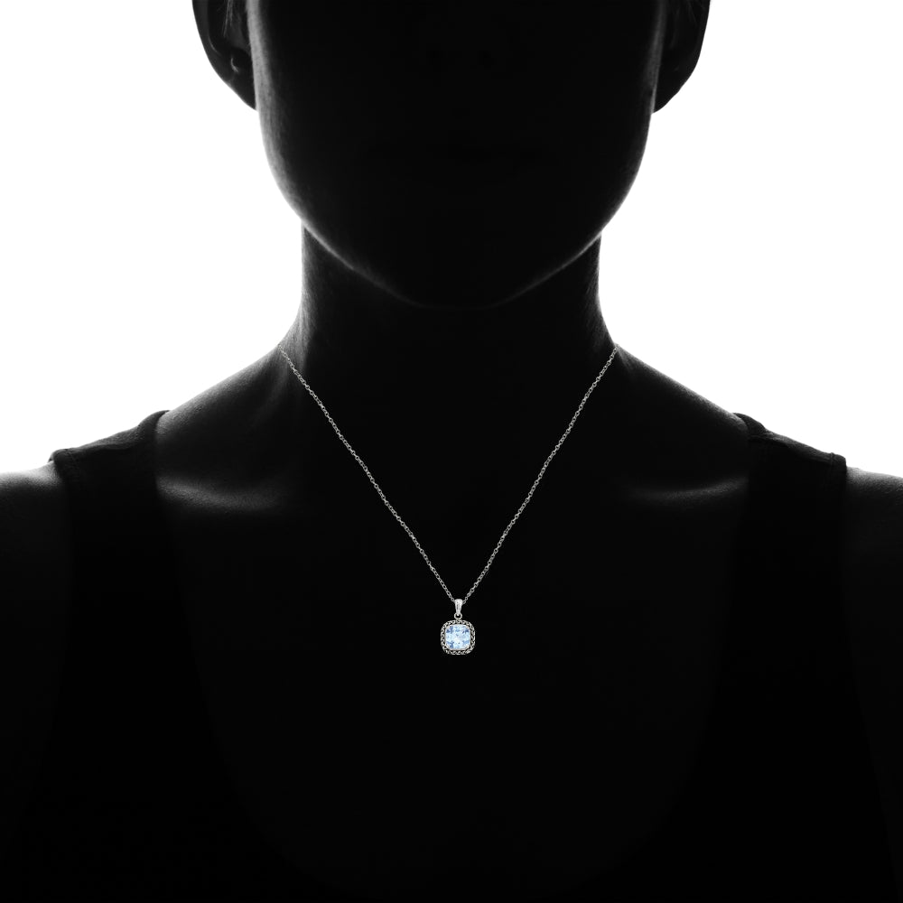 Sterling Silver Blue Topaz Cushion-Cut 8mm Oxidized Braid Pendant Necklace-3