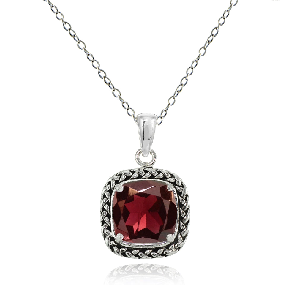 Sterling Silver Garnet Cushion-Cut 8mm Oxidized Braid Pendant Necklace