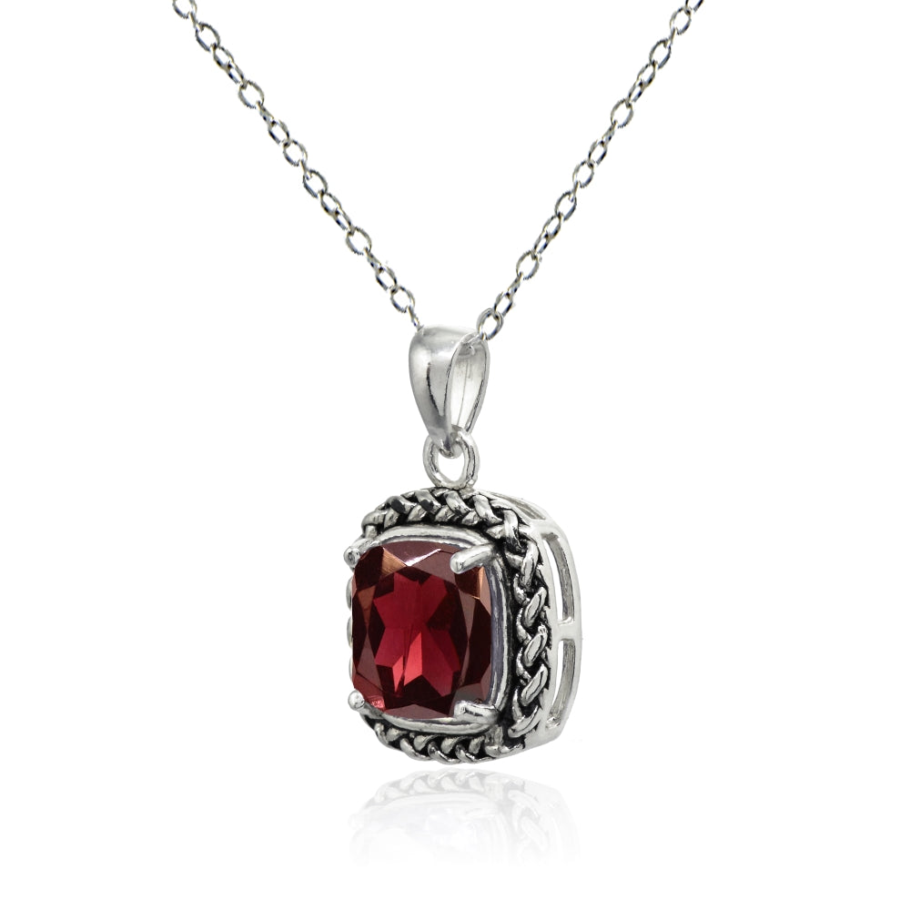 Sterling Silver Garnet Cushion-Cut 8mm Oxidized Braid Pendant Necklace-2