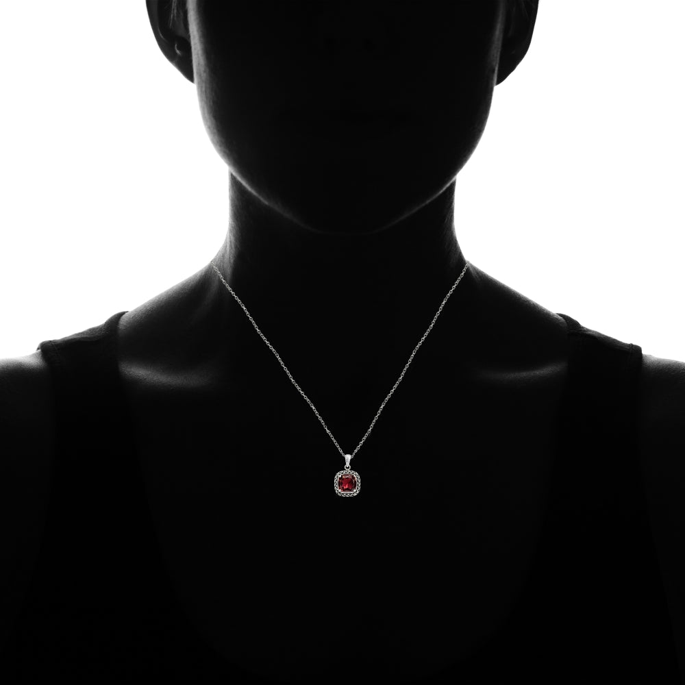 Sterling Silver Garnet Cushion-Cut 8mm Oxidized Braid Pendant Necklace-3