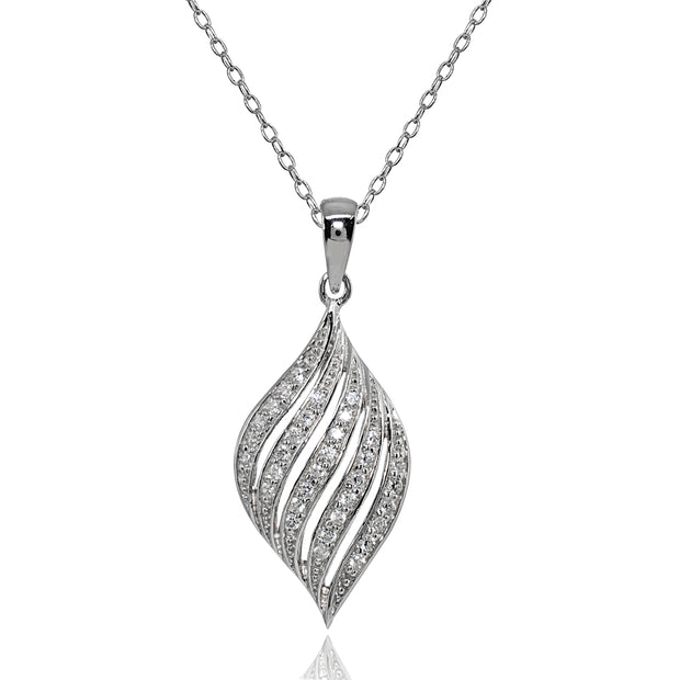 Sterling Silver Cubic Zirconia Round Polished Swirl Leaf Pendant Necklace