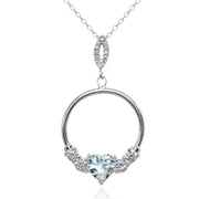 Sterling Silver Cubic Zirconia Heart Open Circle Dangle Drop Pendant Necklace