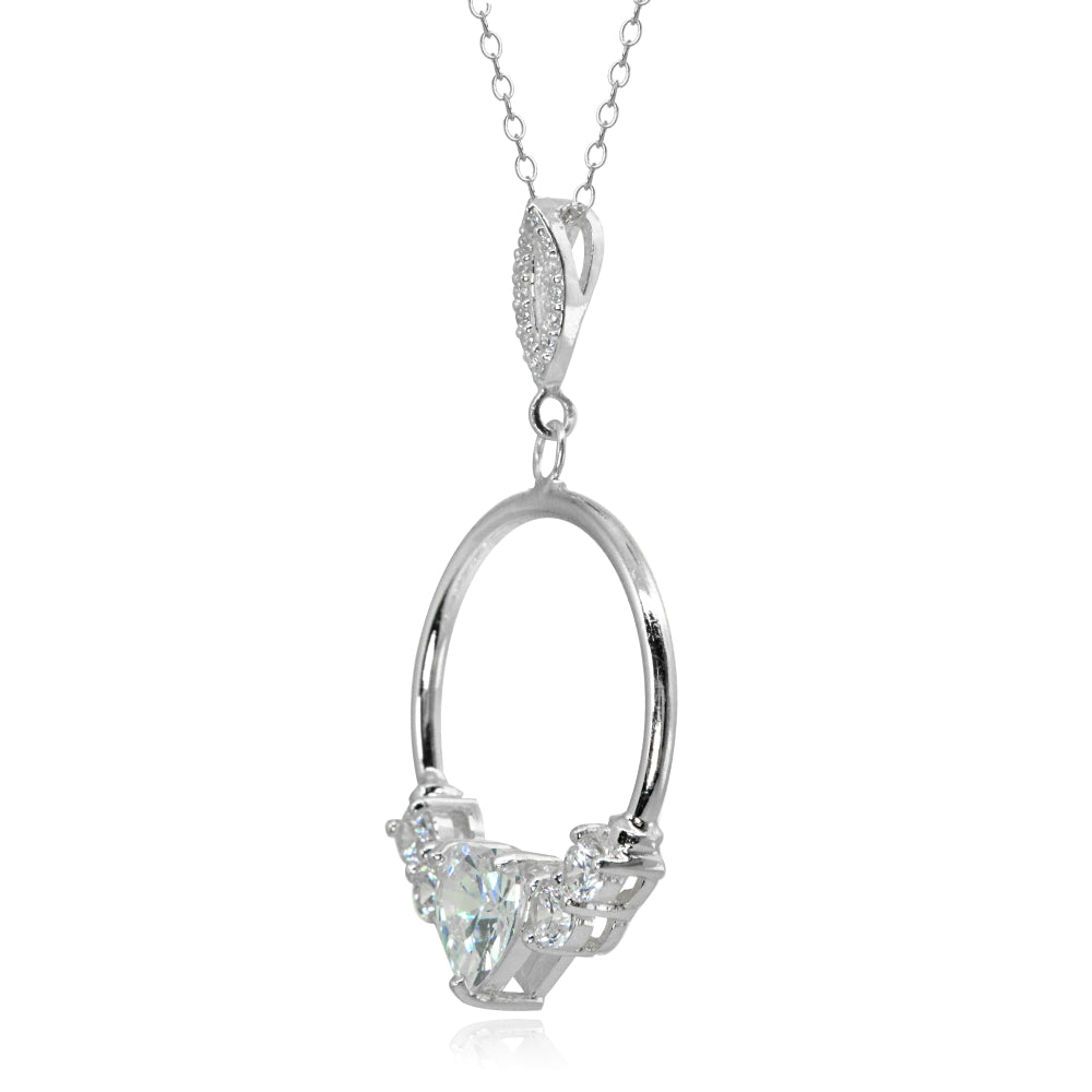 Sterling Silver Cubic Zirconia Heart Open Circle Dangle Drop Pendant Necklace-2