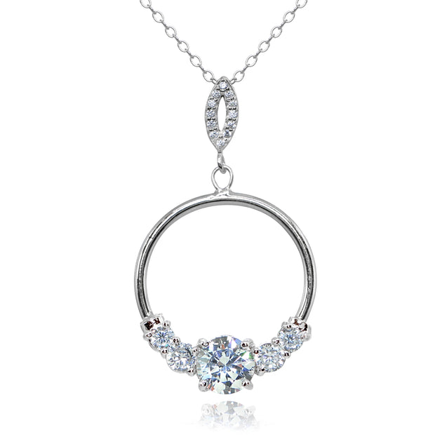 Sterling Silver Cubic Zirconia Round Open Circle Dangle Drop Pendant Necklace