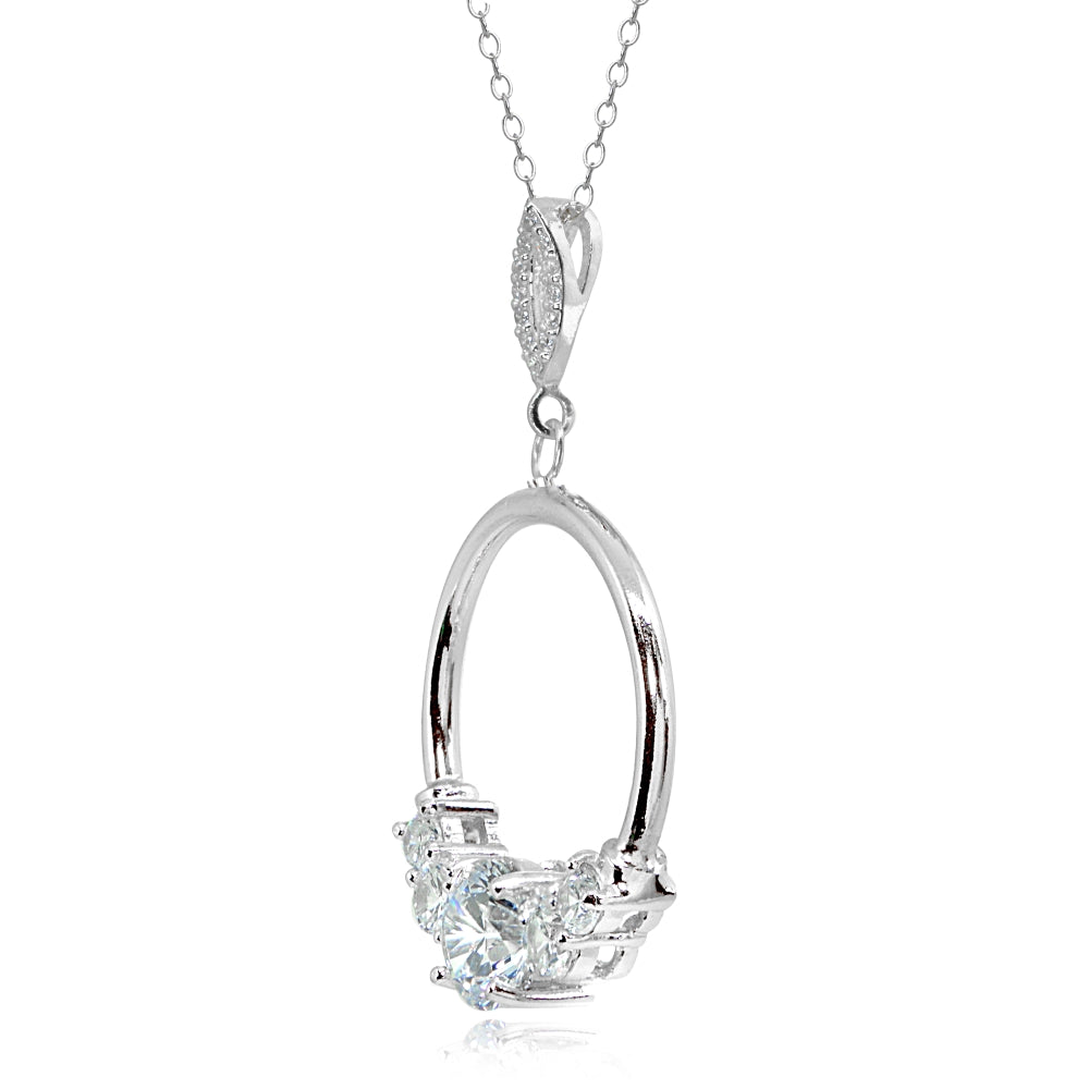 Sterling Silver Cubic Zirconia Round Open Circle Dangle Drop Pendant Necklace-2