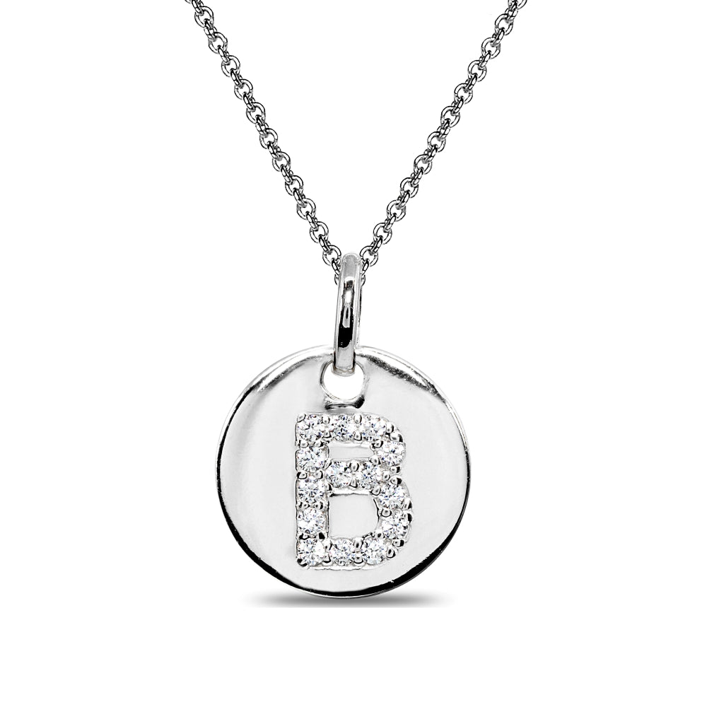 Sterling Silver B Letter CZ Initial Alphabet Name Personalized Pendant Necklace, 15” + Extender