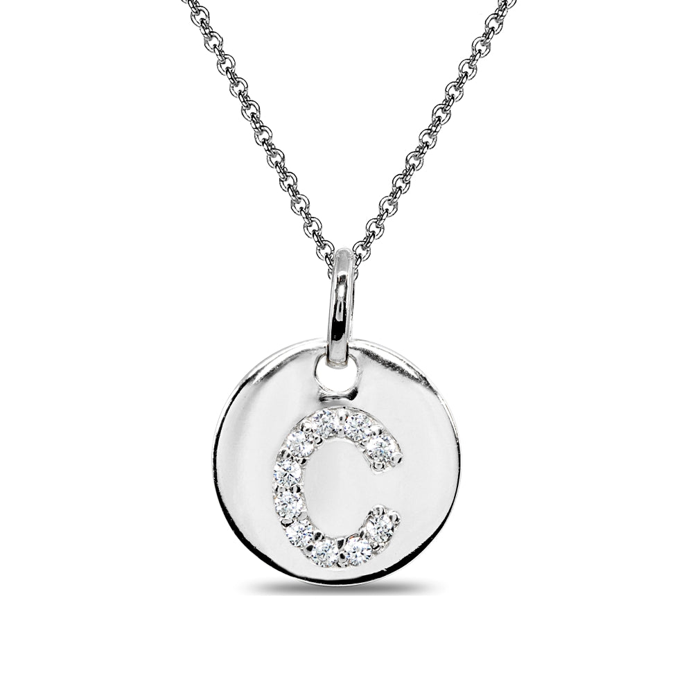 Sterling Silver C Letter CZ Initial Alphabet Name Personalized Pendant Necklace, 15” + Extender