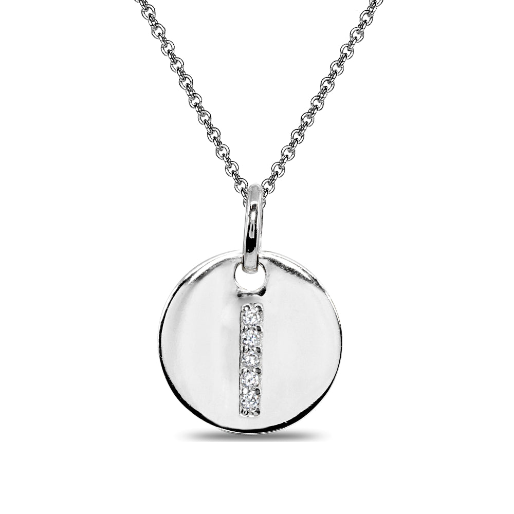 Sterling Silver I Letter CZ Initial Alphabet Name Personalized Pendant Necklace, 15” + Extender