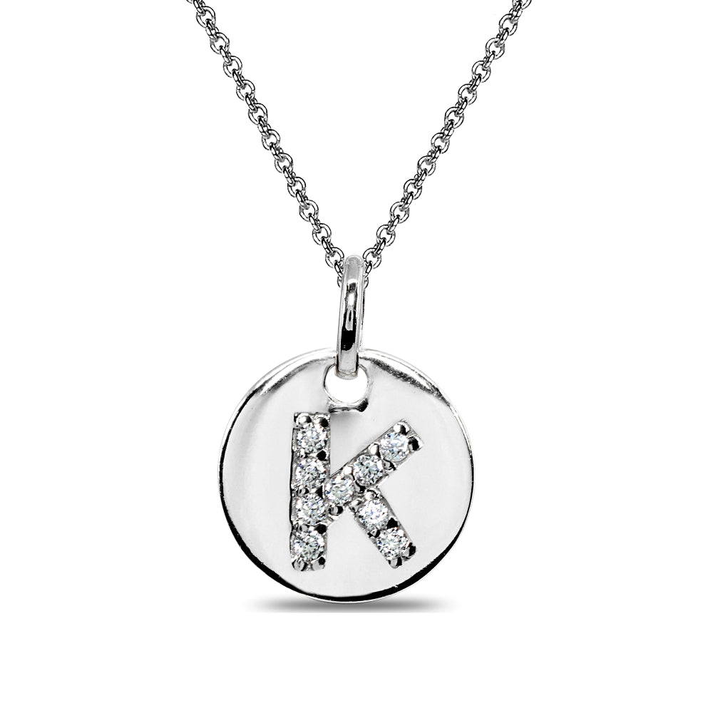 Sterling Silver K Letter CZ Initial Alphabet Name Personalized Pendant Necklace, 15” + Extender