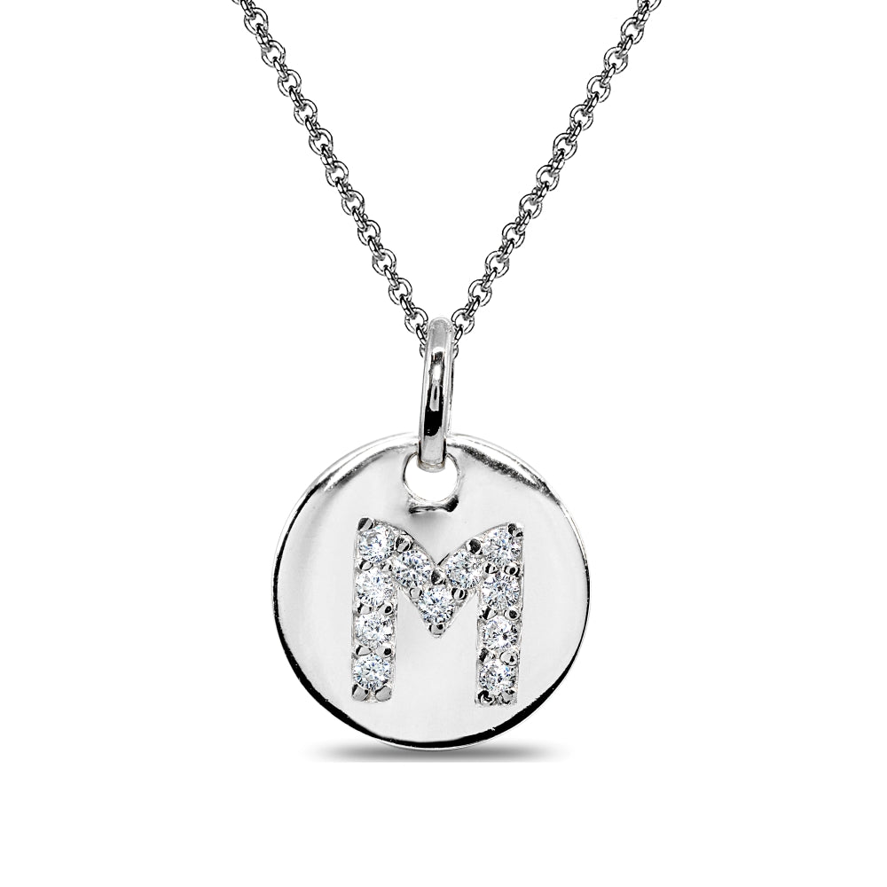 Sterling Silver M Letter CZ Initial Alphabet Name Personalized Pendant Necklace, 15” + Extender
