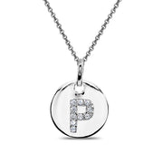 Sterling Silver P Letter CZ Initial Alphabet Name Personalized Pendant Necklace, 15” + Extender