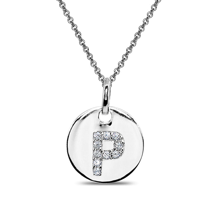 Sterling Silver P Letter CZ Initial Alphabet Name Personalized Pendant Necklace, 15” + Extender