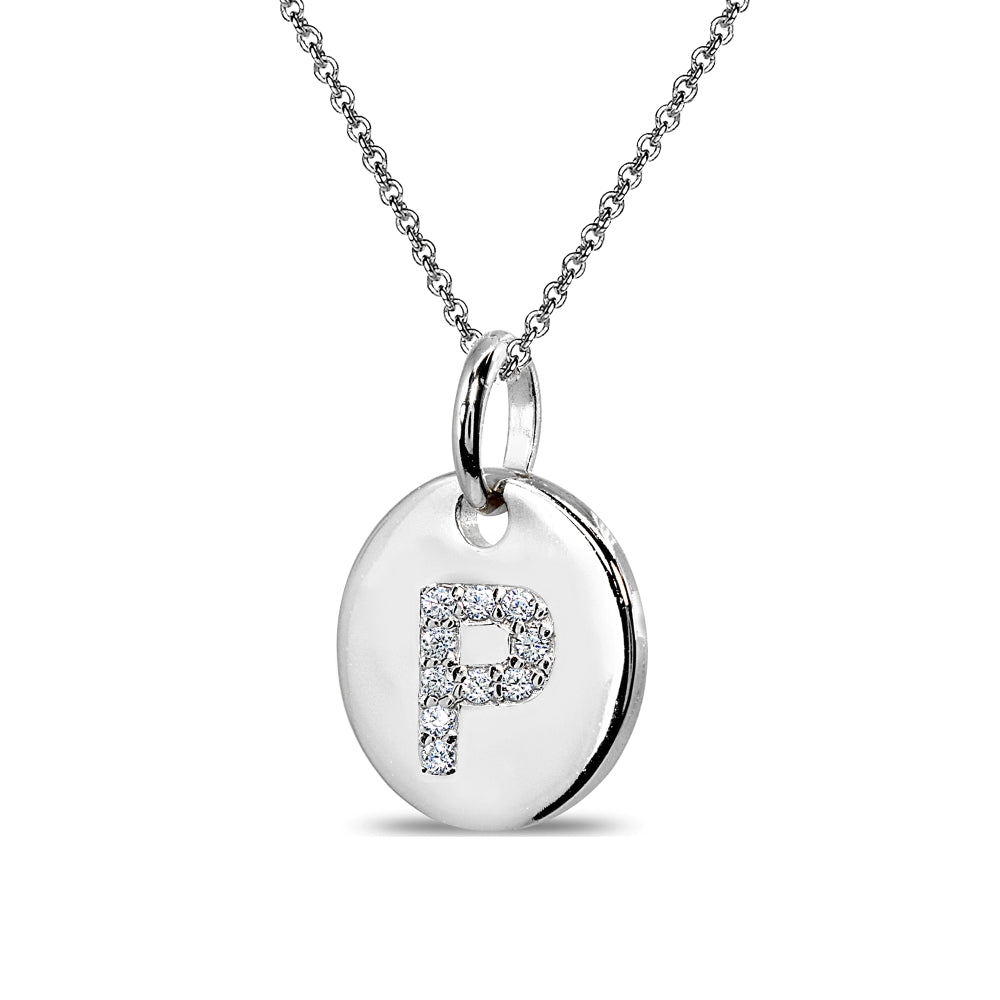 Sterling Silver P Letter CZ Initial Alphabet Name Personalized Pendant Necklace, 15” + Extender-2