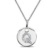 Sterling Silver Q Letter CZ Initial Alphabet Name Personalized Pendant Necklace, 15” + Extender