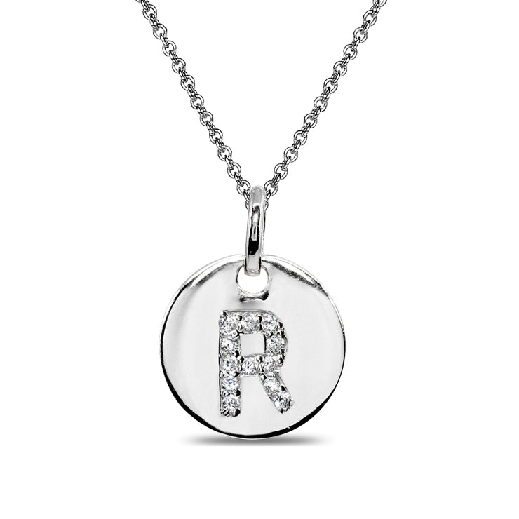 Sterling Silver R Letter CZ Initial Alphabet Name Personalized Pendant Necklace, 15” + Extender