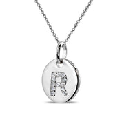 Sterling Silver R Letter CZ Initial Alphabet Name Personalized Pendant Necklace, 15” + Extender