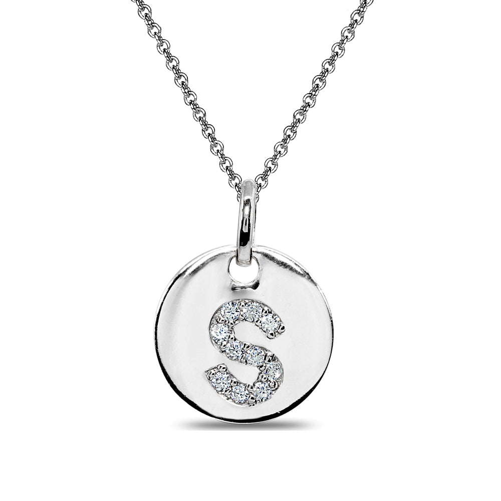 Sterling Silver S Letter CZ Initial Alphabet Name Personalized Pendant Necklace, 15” + Extender