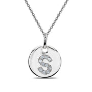 Sterling Silver S Letter CZ Initial Alphabet Name Personalized Pendant Necklace, 15” + Extender